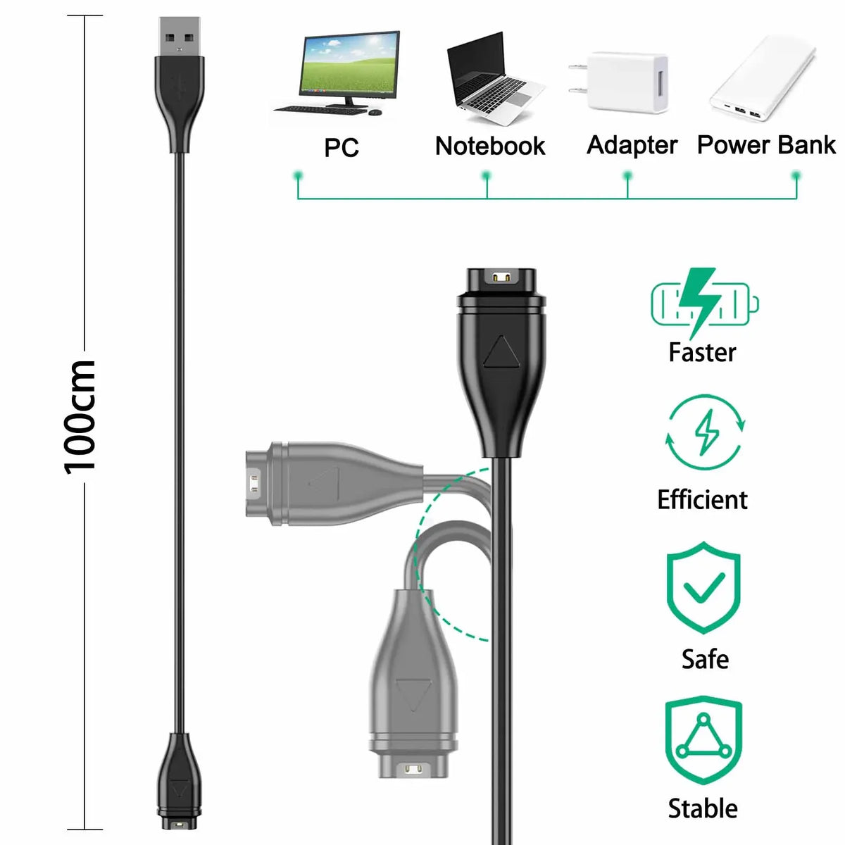 100cm USB Charging Cable For Garmin Instinct/Venu 2/Vivoactive 4 4S 3/Fenix 6 7/Forerunner 55/Quatix 6/D2 Air/Vivomove 3 Charger