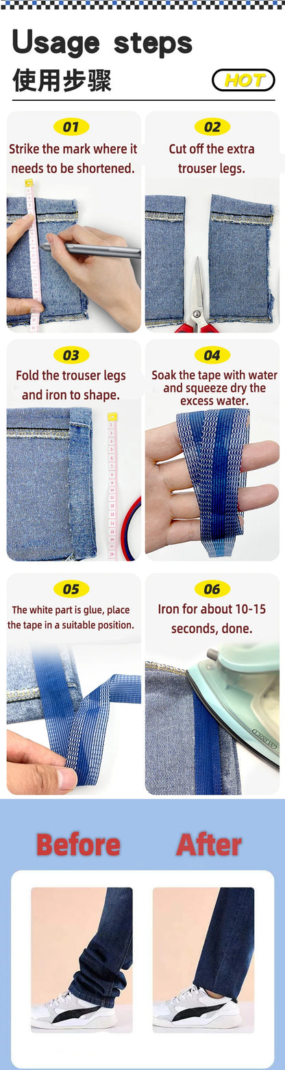 1M-5M Self-Adhesive Trousers Hemming Paste Iron On Pants Edge Shorten Repair Paste Hem Tape Washable Easy Use DIY Sewing Fabric